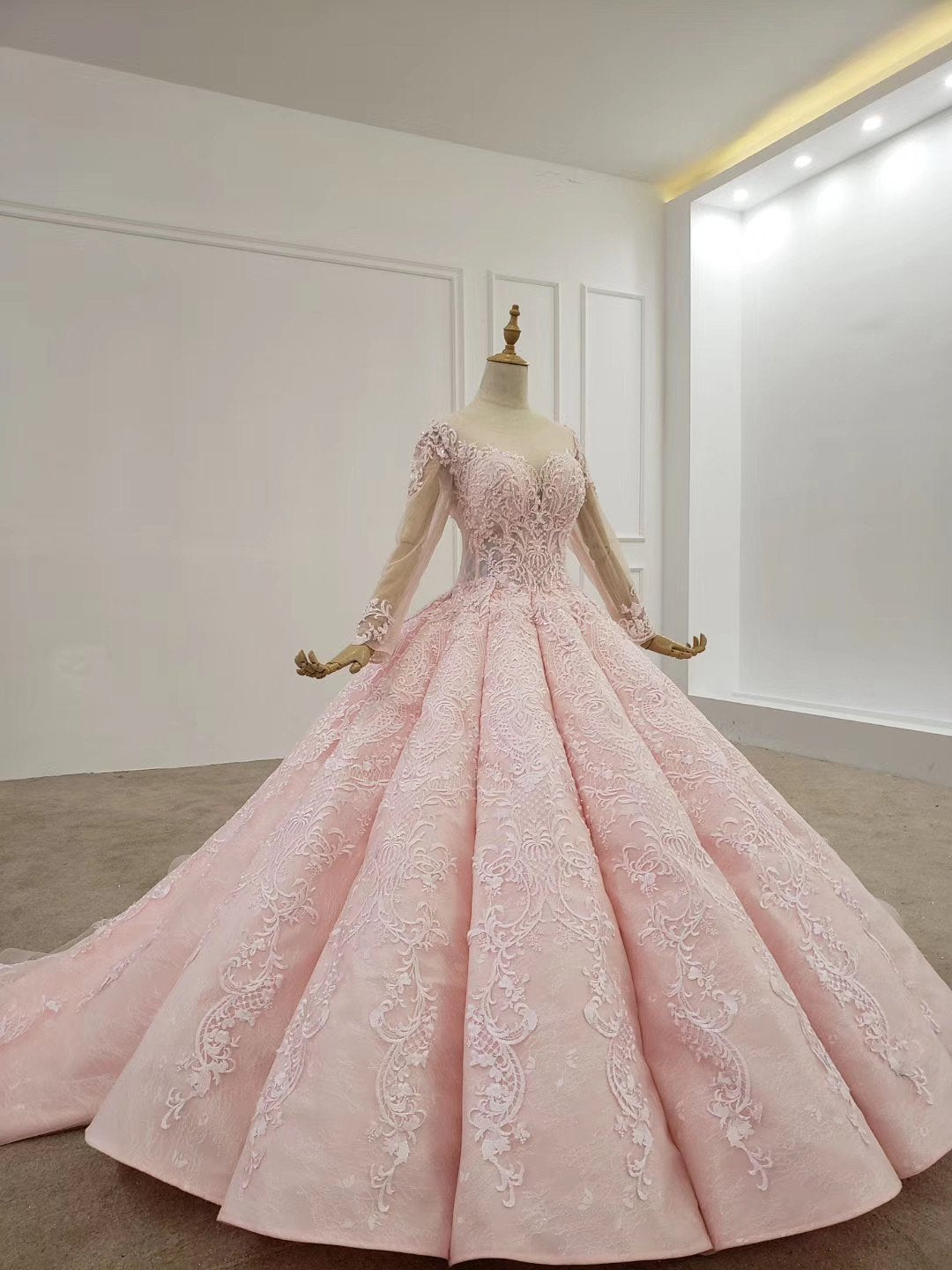 Elegant Ball Gown Pink Long Sleeves Appliques Prom Dresses, Quinceanera SJS20482