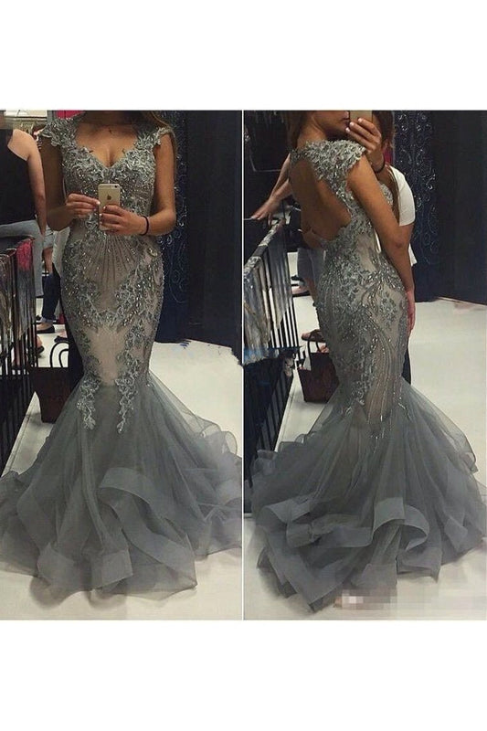 2024 Tulle Straps Prom Dresses Mermaid With Applique And Beads Open Back