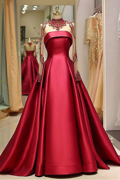 2024 Long Sleeve Prom Dresses High Neck Burgundy Long Prom Dress Satin Evening Dress