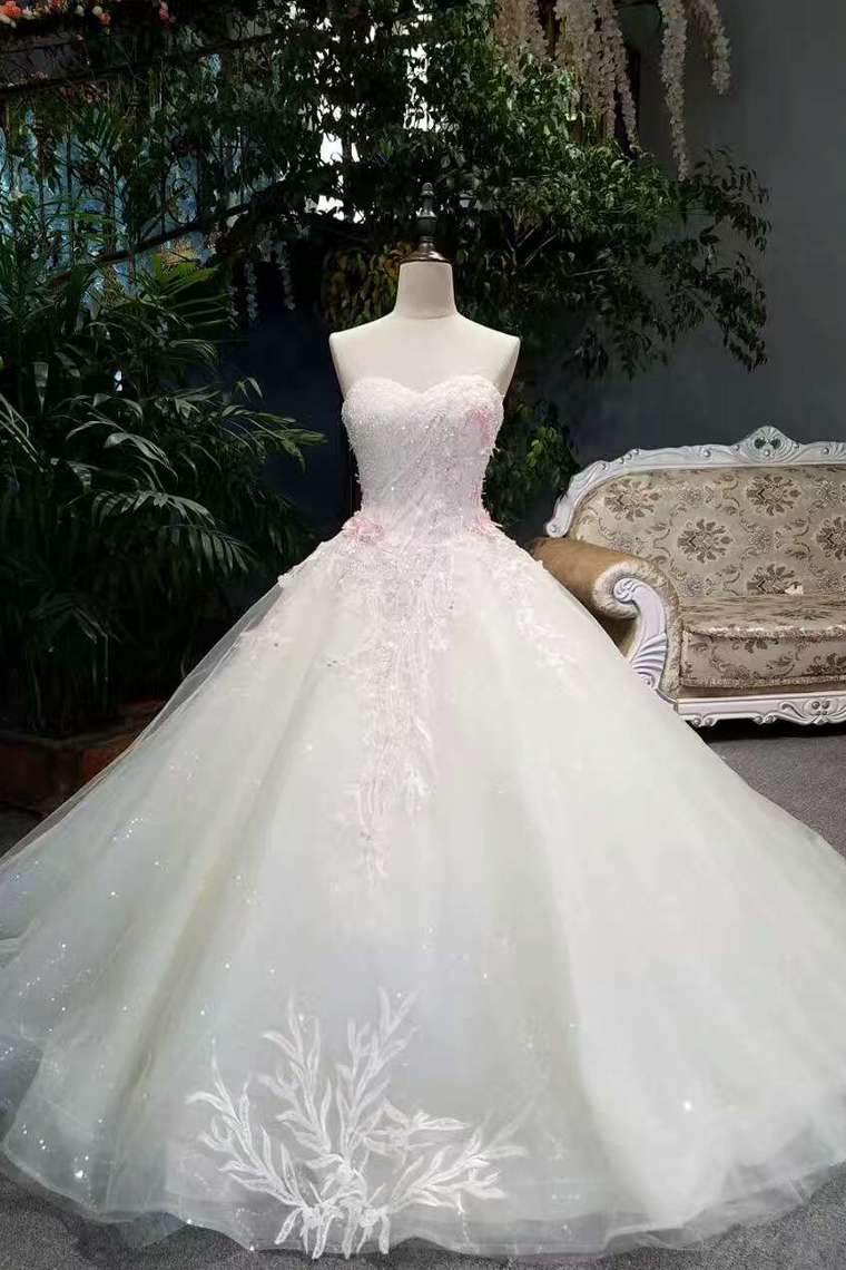 Sweetheart Floor Length Wedding Dress Tulle Lace Up With Beads Sequins Appliques