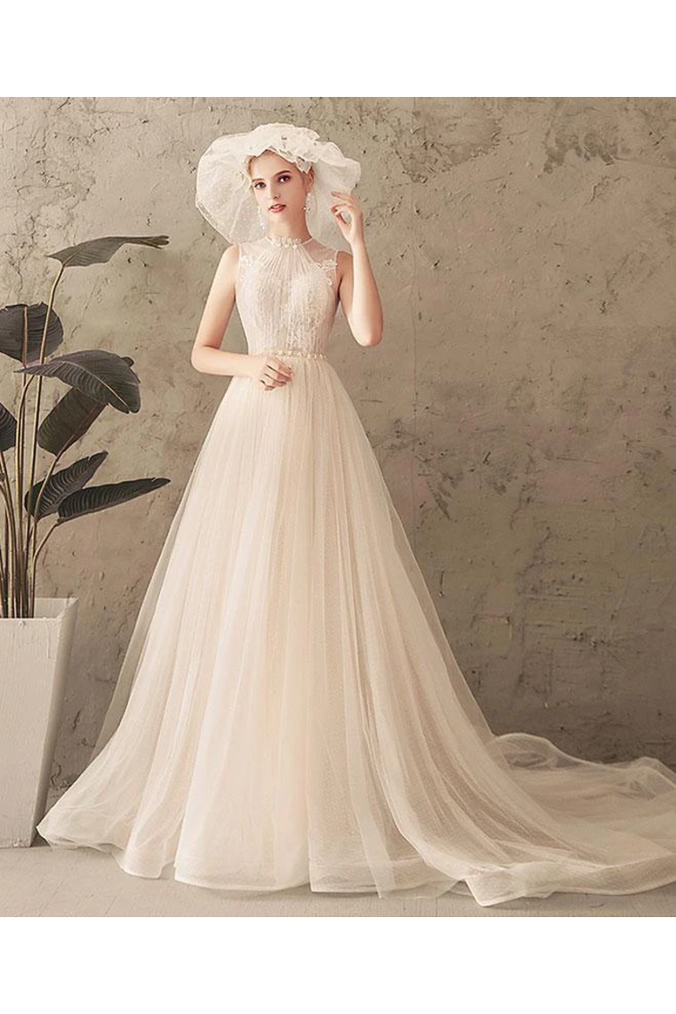 Ivory Jewel Sleeveless Tulle Wedding Dress With Lace A Line Pleats Open Back Bridal SRSPXNMNP57