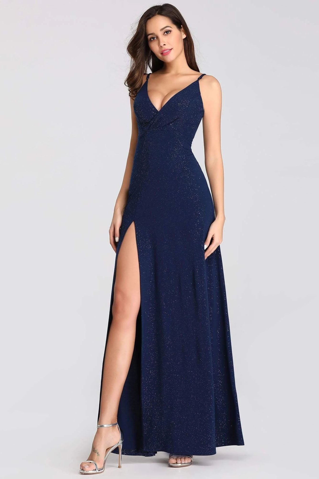 Sexy V Neck Long Spaghetti Straps Mermaid Navy Blue Prom Dresses with High Split SRS15366