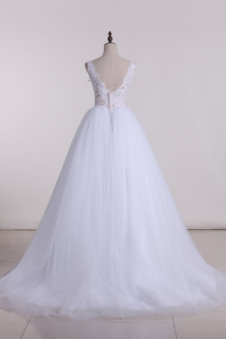 2024 V Neck With Applique Wedding Dresses Tulle A Line Chapel Train