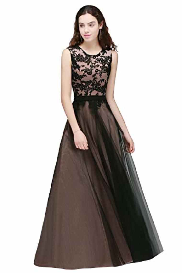 Lace Tulle Round Neck A Line Sleeveless Wedding Bridesmaid Long Evening  Festive Party Dress