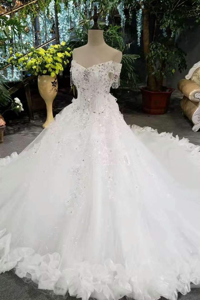 Fantastic Bling Bling Wedding Dresses Off The Shoulder With Appliques And Sequins Lace Up Tulle