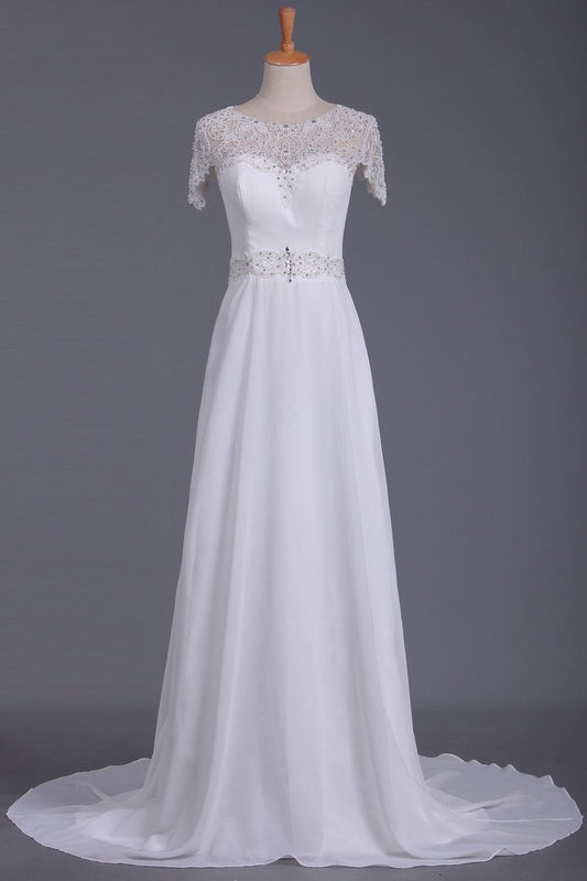 2024 Scoop Wedding Dresses Sheath With Beading Chiffon Sweep Train