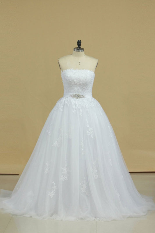 2024 New Arrival Strapless With Applique And Sash Tulle Court Train Wedding Dresses