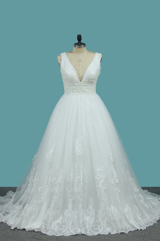 Wedding Dresses V Neck Tulle A Line With Applique Sweep Train