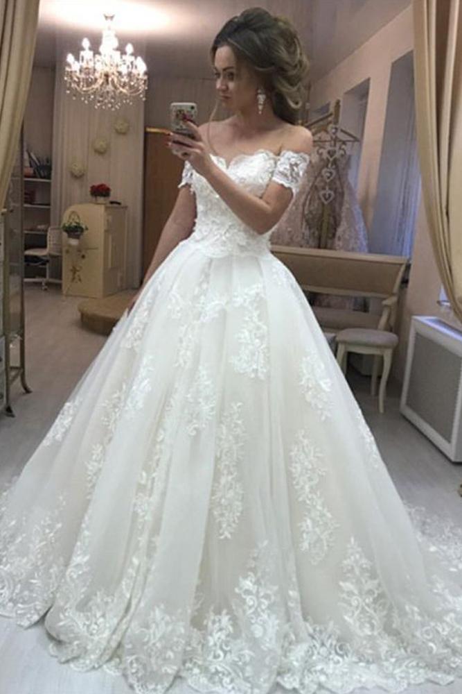 Gorgeous Ball Gown Off the Shoulder Sweetheart Open Back Tulle Lace Wedding Dresses JS205