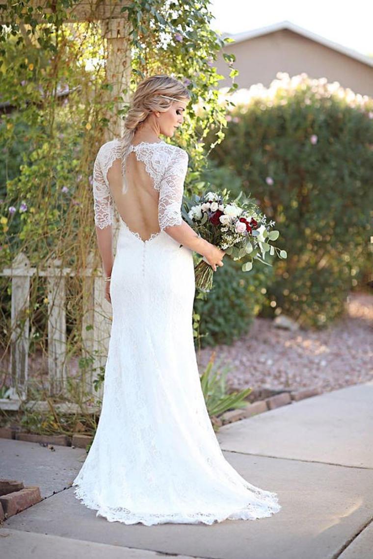 Mermaid Scoop Wedding Dresses 3/4 Length Sleeves Lace Open Back