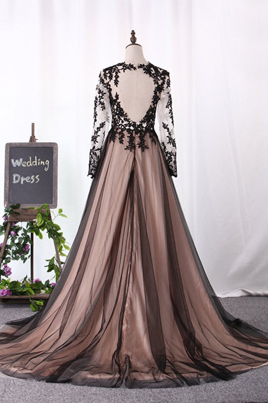 2024 Scoop Long Sleeves A Line Evening Dresses Tulle With Applique And Slit