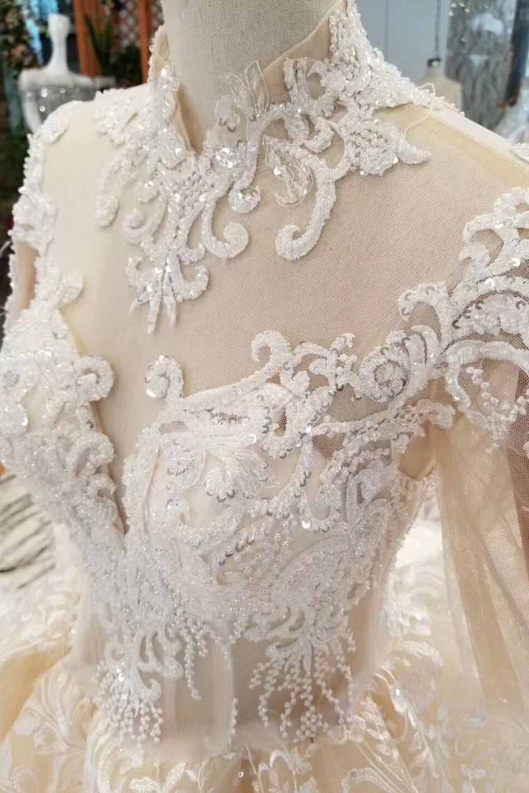 Luxury Wedding Dresses High Neck A-Line Lace Half Sleeves Open Back Cathedral Train