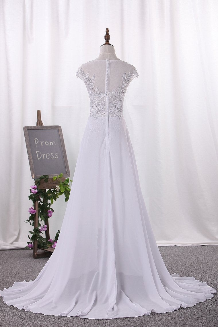 2024 Wedding Dresses Scoop Cap Sleeves Chiffon With Applique Slit