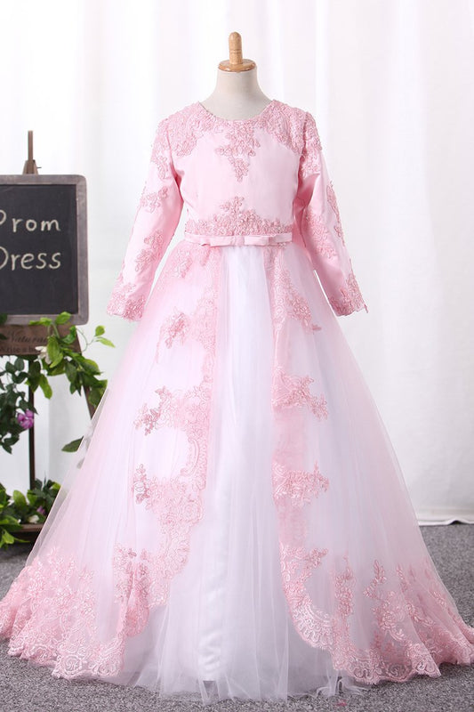 Ball Gown Scoop Flower Girl Dresses Tulle With Applique