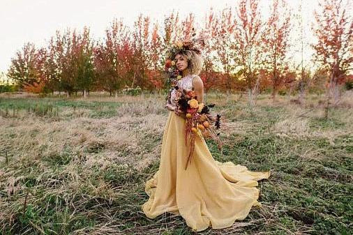 Chic Two Pieces Yellow Long Country Wedding Dresses With Lace, Cheap Prom Dresses SRS15508