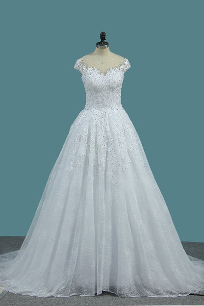 2024 Tulle Scoop A Line Wedding Dresses With Applique And Beads Court Train