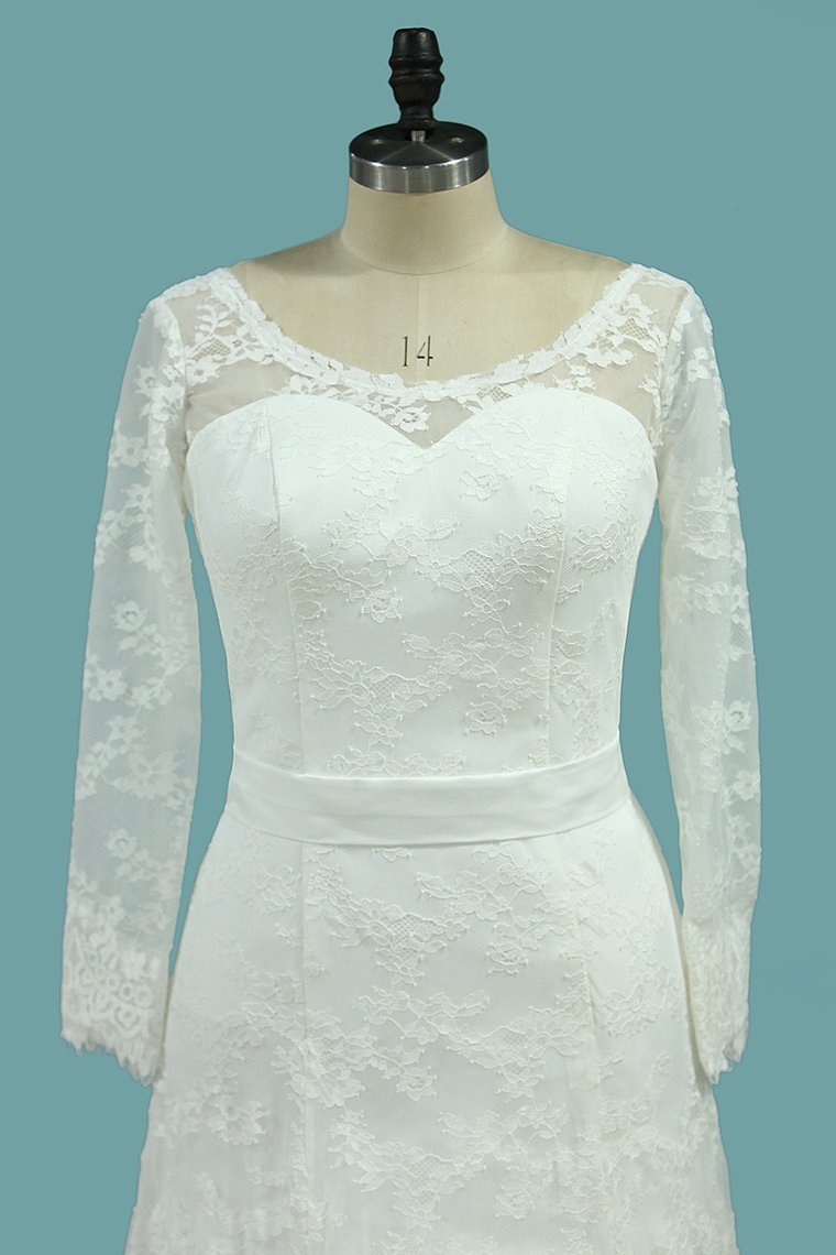 Scoop Long Sleeves Lace Wedding Dresses With Applique And Sash Court Train