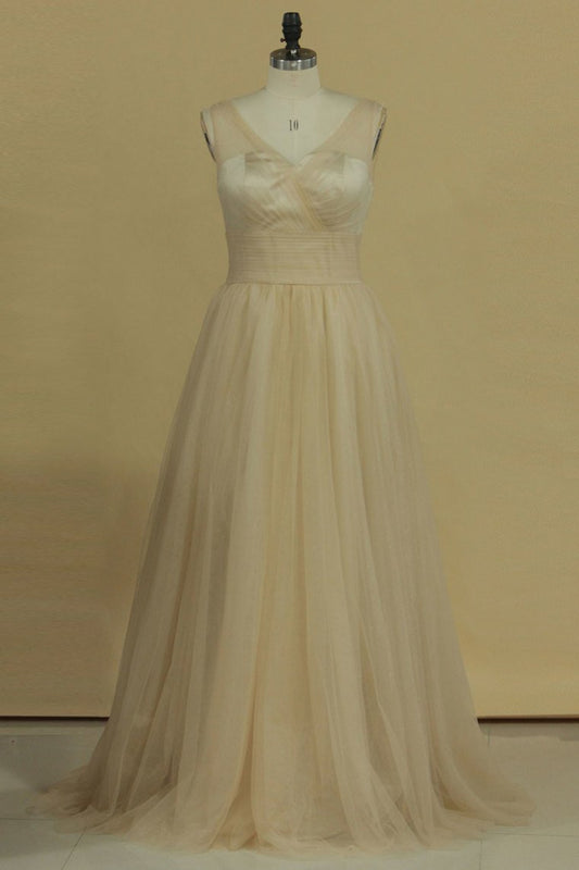 2024 A Line V Neck Open Back Bridesmaid Dresses Ruched Bodice Tulle Floor Length