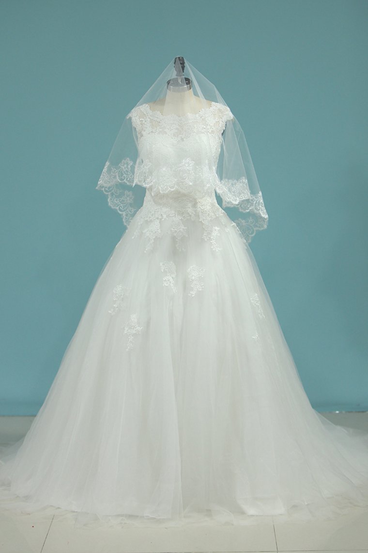 Tulle Bateau Wedding Dresses Open Back With Applique Chapel Train