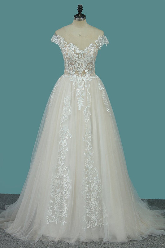 2024 A Line Tulle Wedding Dresses Scoop Cap Sleeve With Applique