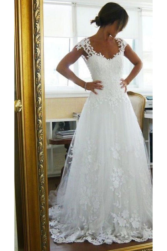 Tulle Straps With Applique A Line Sweep Train Wedding Dresses