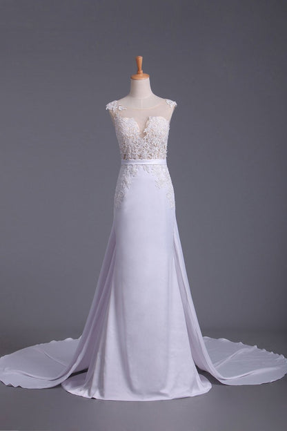 2024 Sheath Wedding Dresses Scoop With Stretch Satin Skirt Detachable