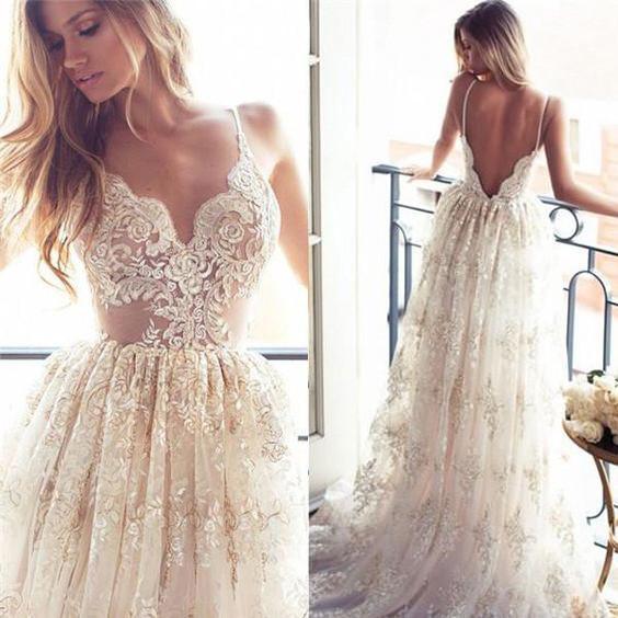 Lace A Line Sexy Spaghetti Straps Backless Beach Vintage Illusion Wedding Dresses