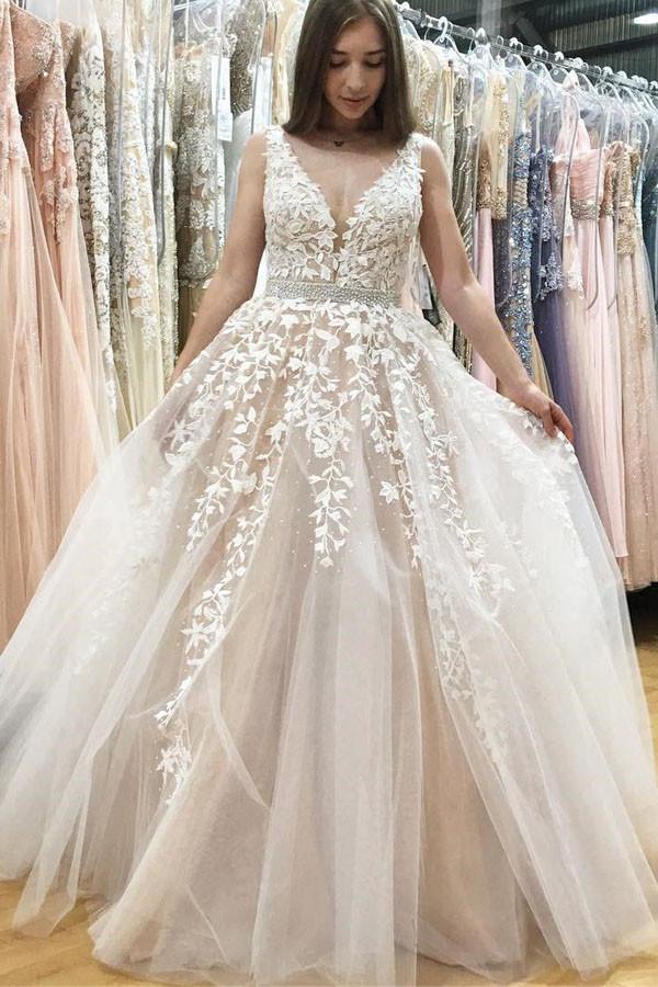 Unique V Neck Tulle Lace Wedding Dress Tulle Ball Gown Prom Dress With Appliques