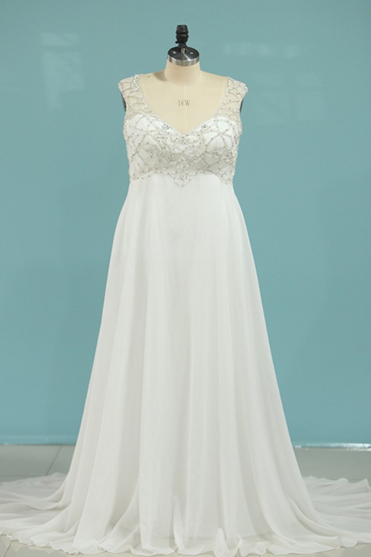 V Neck Chiffon With Beads A Line Court Train Wedding Dresses