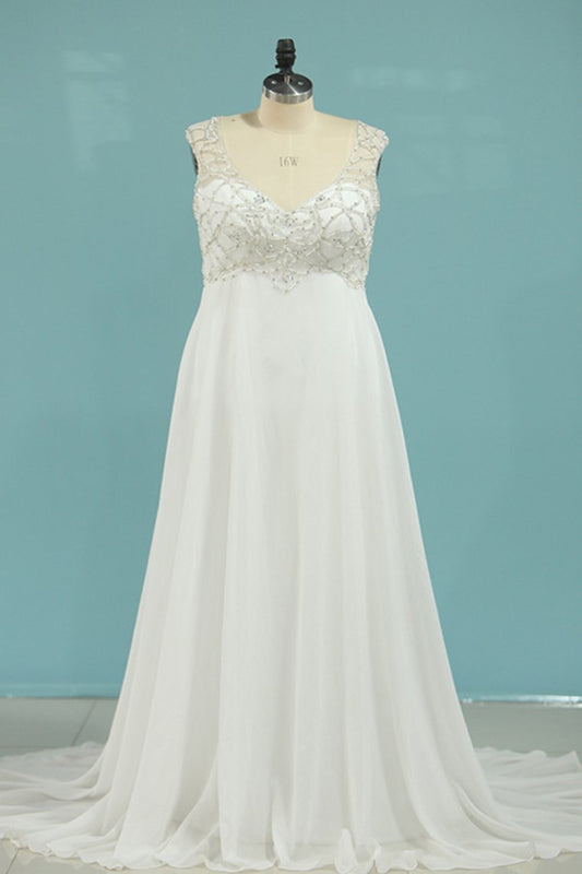 V Neck Chiffon With Beads A Line Court Train Wedding Dresses