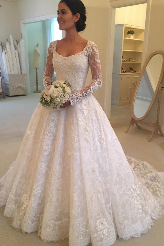 2024 Long Sleeves Scoop Tulle With Applique A Line Court Train Wedding Dresses