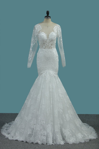 2024 Tulle Mermaid Wedding Dresses Scoop Long Sleeves With Applique