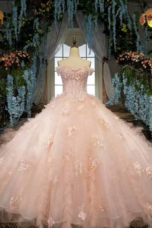 Fantastic Pink Wedding Dresses Lace Up With Beads And Handmade Flowers Ball Gown