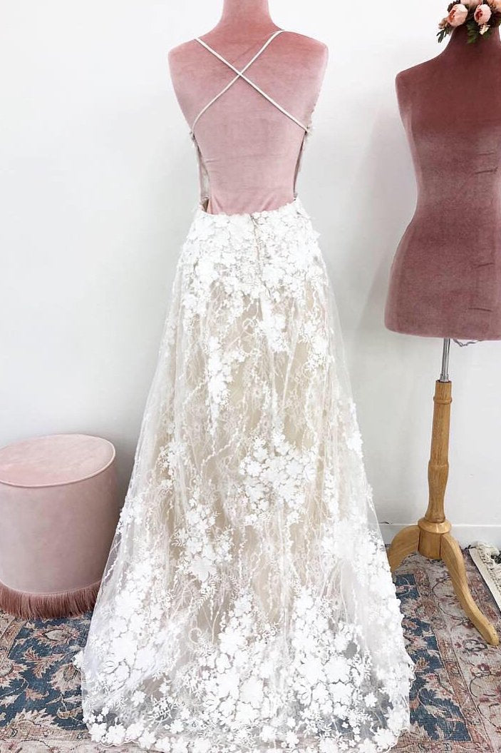 Unique Spaghetti Straps Lace Appliques V Neck Wedding Dresses, Long Wedding Gowns SRS15466