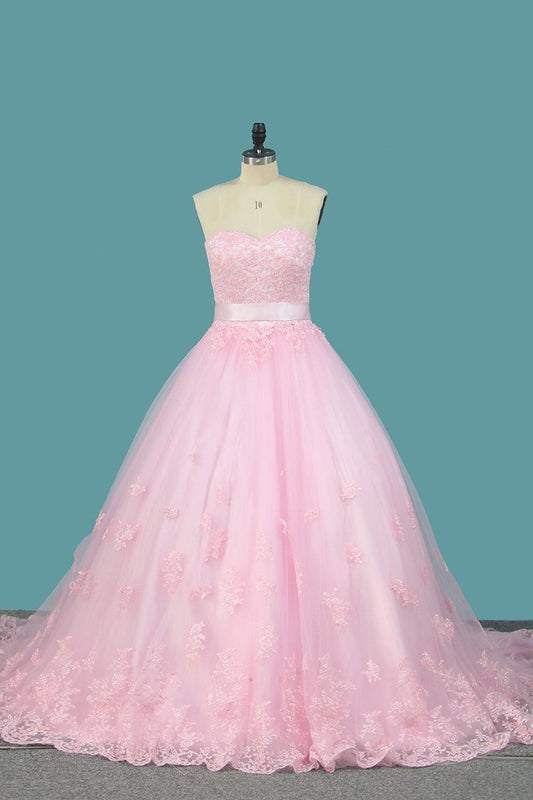 Tulle A Line Sweetheart Wedding Dresses With Applique And Sash Court Train