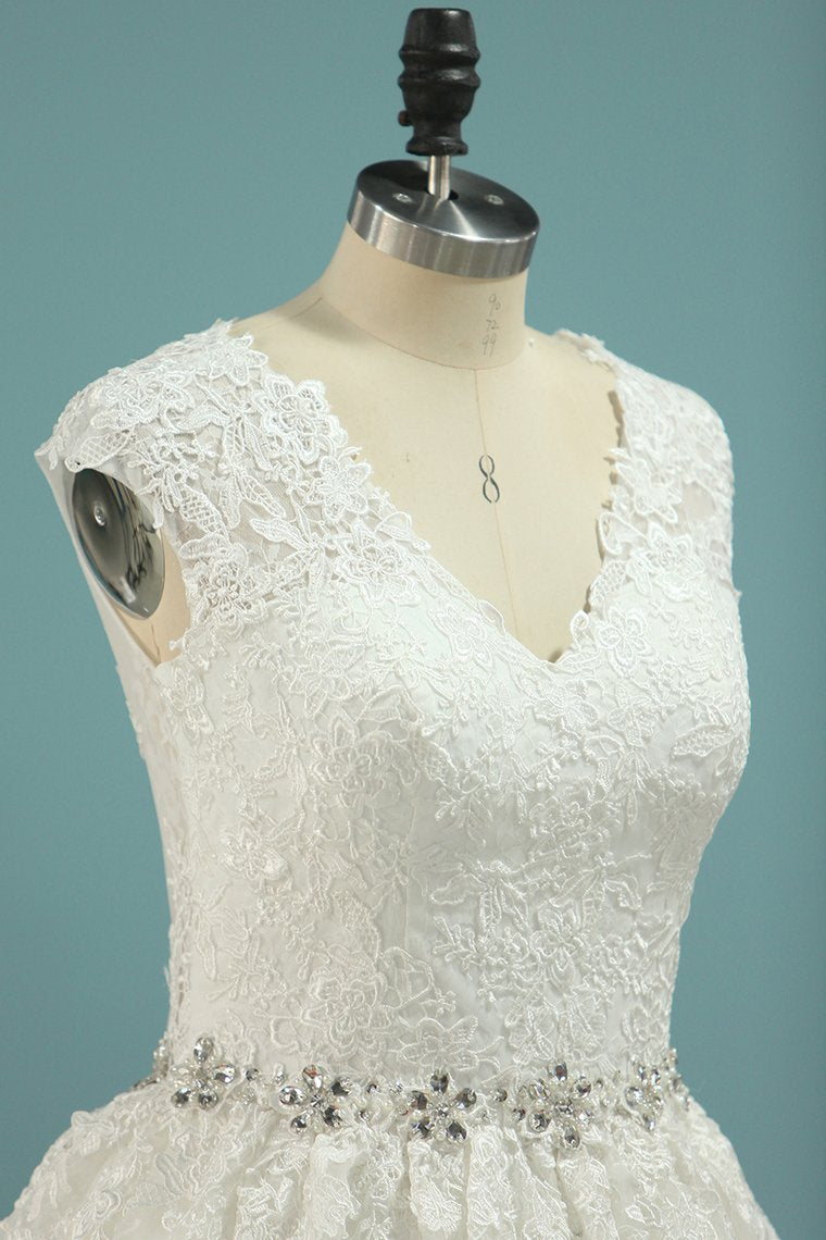 V Neck A Line Beaded Waistline Wedding Dresses Lace With Applique