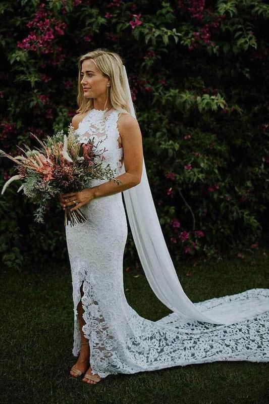 Charming Sheath Lace Bridal Gown with Slit Open Back Ivory Boho Wedding Dresses SRS15124