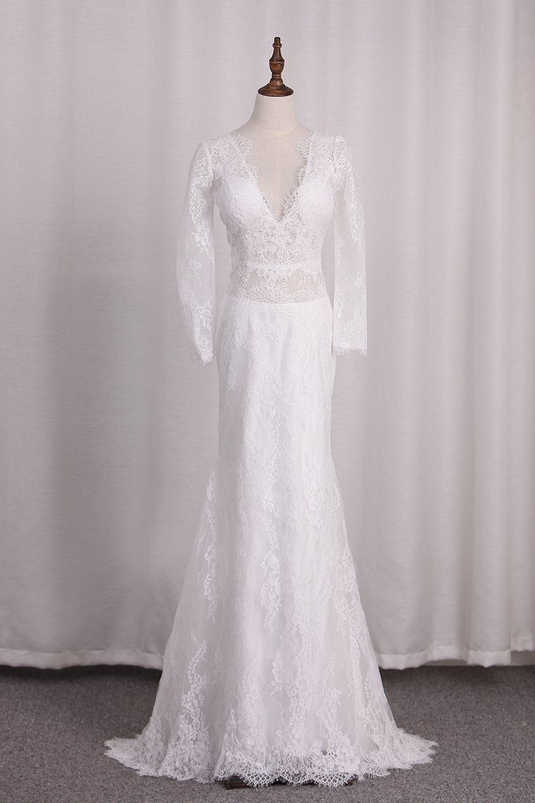 V Neck Long Sleeves Lace Mermaid Wedding Dresses Open Back Sweep Train