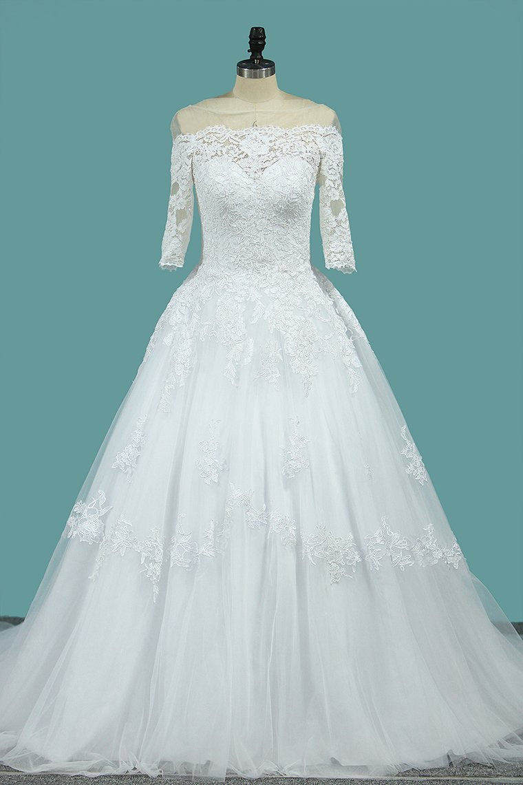 Wedding Dresses A Line Mid-Length Sleeves Tulle With Applique