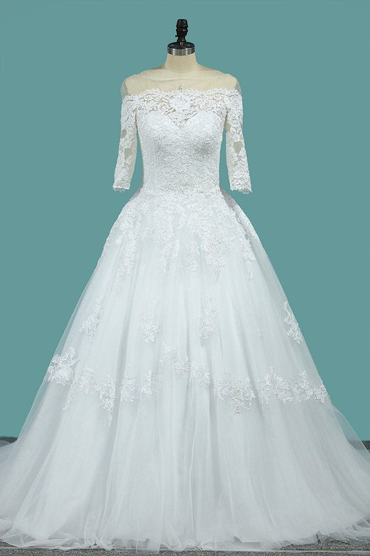 2024 Wedding Dresses A Line Mid-Length Sleeves Tulle With Applique