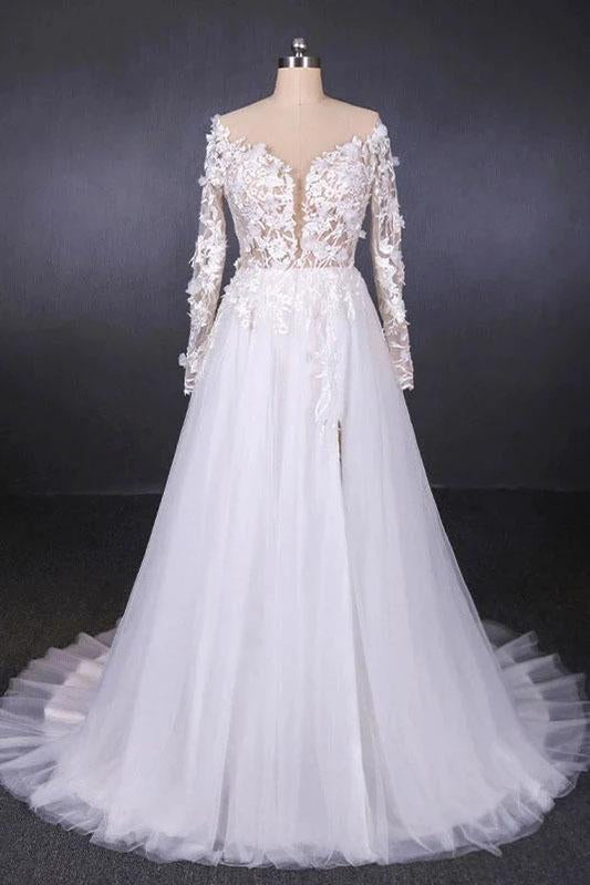 Long Sleeves White A-line Tulle Beach Wedding Dresses with Lace Appliques, Bridal Dress SRS15255