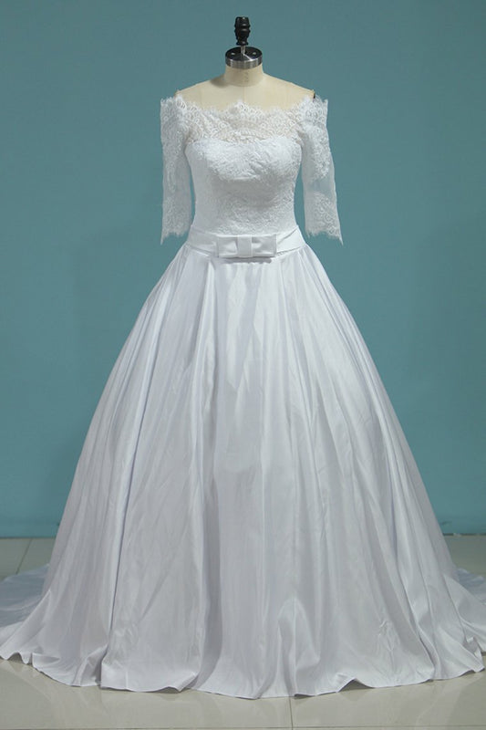 Wedding Dresses Boat Neck Satin With Applique And Sash A Line