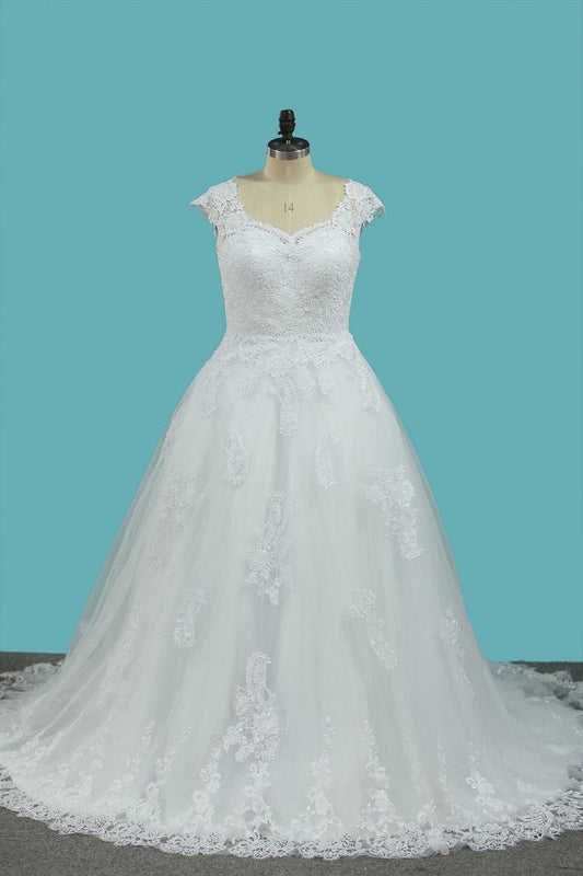 2024 A Line Straps Wedding Dresses Tulle With Applique Sweep Train