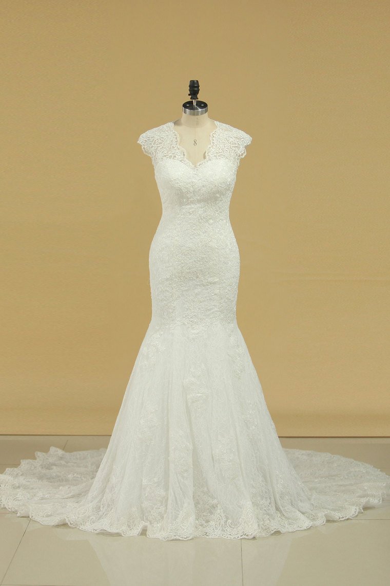 Wedding Dresses V Neck Cap Sleeve With Applique Mermaid Lace