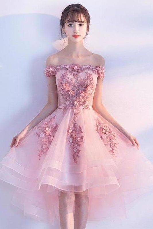 Pink Lace Tulle Short Prom Dress Off-the-Shoulder Appliques Lace up Homecoming Dresses SJSPST13190