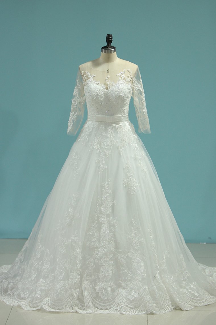 2024 Scoop A Line Wedding Dresses Tulle With Applique And Sash