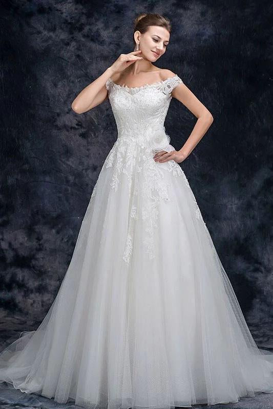 Off the Shoulder Tulle Wedding Dress with Lace Applique, A Line Long Bridal Dresses SRS15273