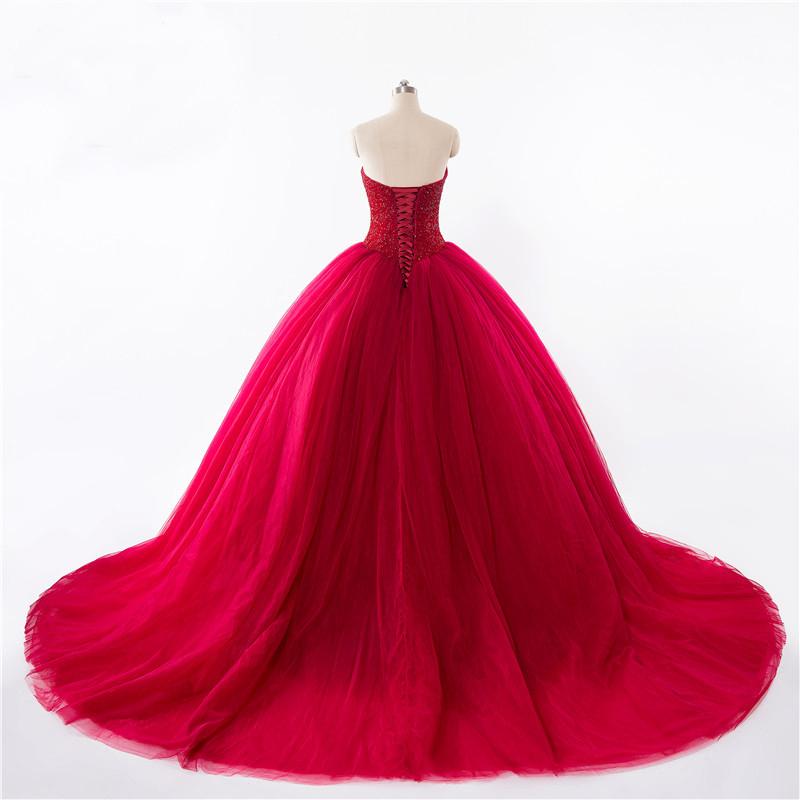 New Style Red Tulle Lace up Sweetheart Strapless Beads Ball Gown Prom Quinceanera Dress JS512