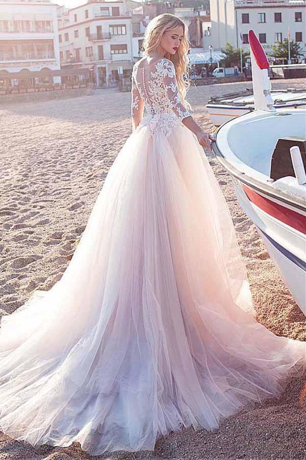 Tulle Scoop Neckline Pink A-line Lace Appliques Long Sleeves Bowknot Wedding Dresses JS311