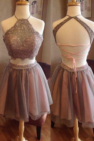 Short Two Pieces Open Back High Neck Sleeveless Homecoming Dress Graduation Dress JS359